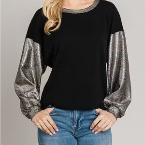 Cracked Metallic Long Sleeve Stretch Knit Top in Black